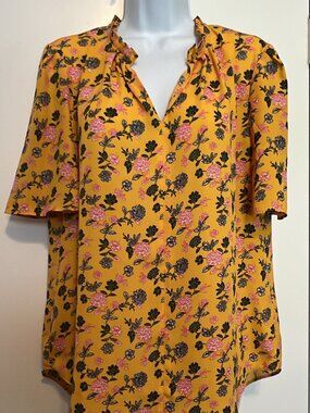 Romantic Coquette Feminine Tahari Yellow Floral Flutter Sleeves Blouse Women Med